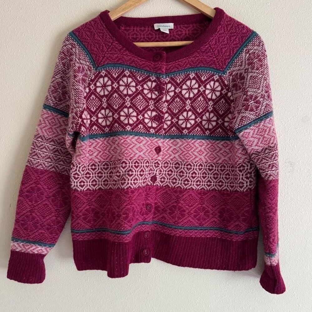 Sundance Petite M Fair Isle Wool Cardigan Pink Nordic Folk Boho Sweater